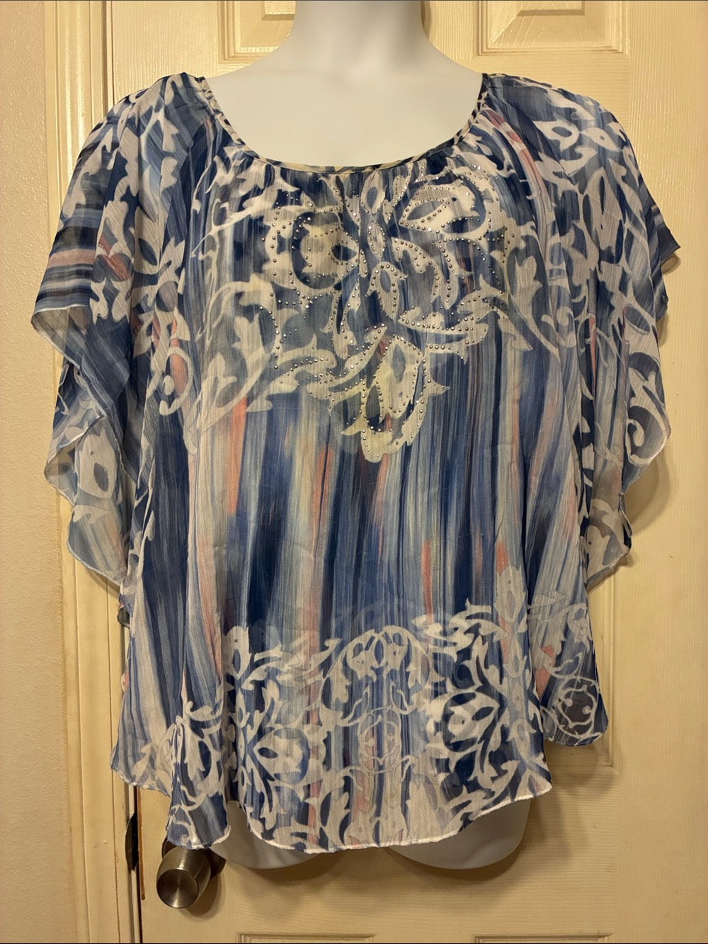 JM Collection Blue Chiffon Blouse with Embellished Neckline XL